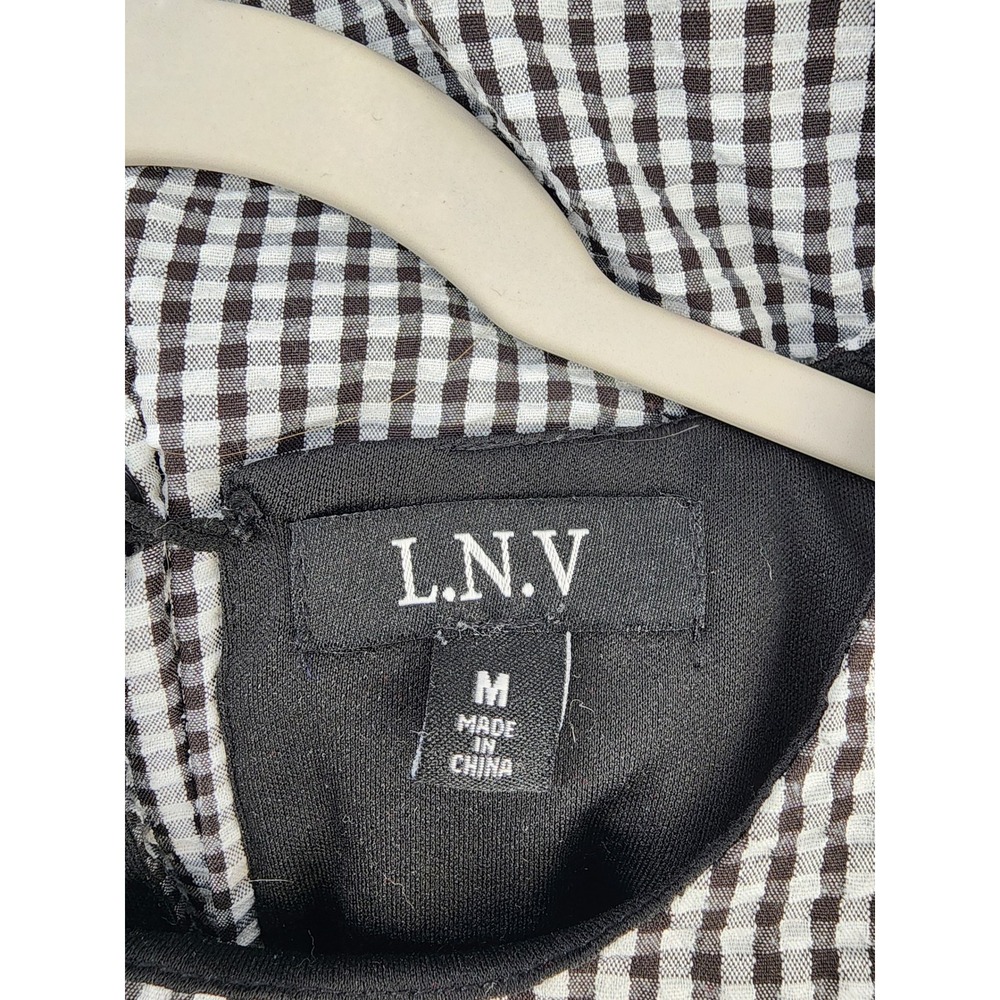 L.N.V. Womens Gingham Tiered Babydoll Dress Black White Puff Sleeve Size M - Picture 3 of 8